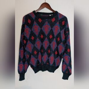 Vintage Wool Blend Blue & Red Tinsel Sweater, Made in Taiwan, Size M